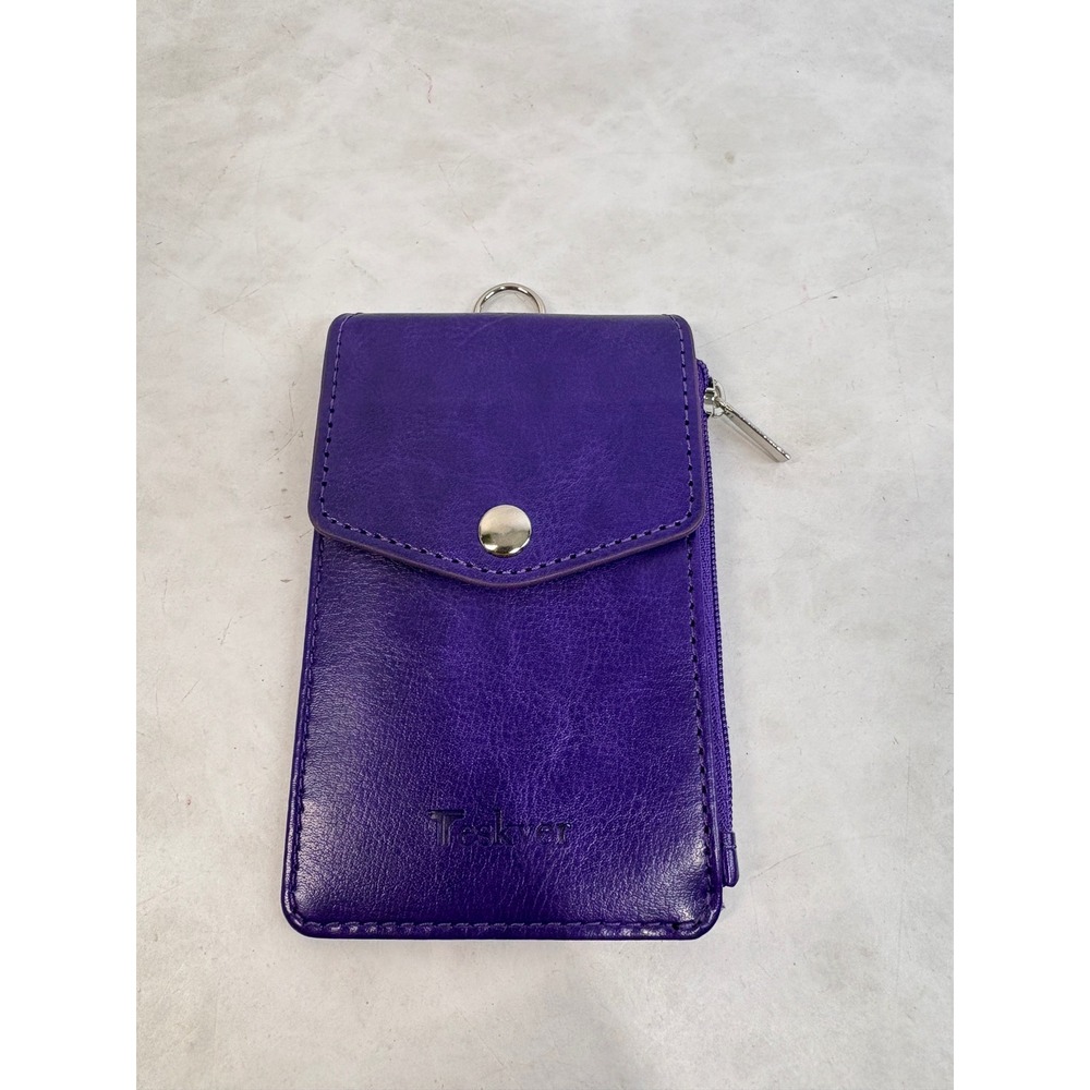 Teskyer Purple Faux Leather ID Badge Holder Wallet Card Case with Zipper Pocket